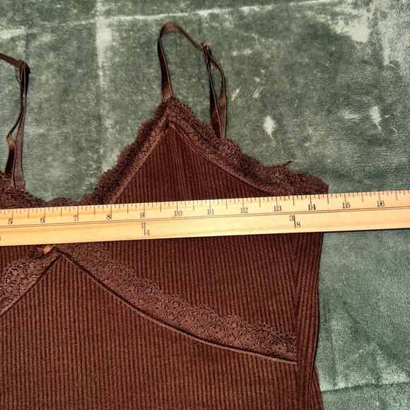 H&M Bodycon Dress Women's Small Brown Ribbed Lace Trim Spaghetti Straps Coquette - Picture 7 of 9